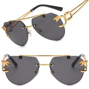 Panther Head Accents Luxe Bold Gray Lens Mens Womens Gold Square Sunglasses